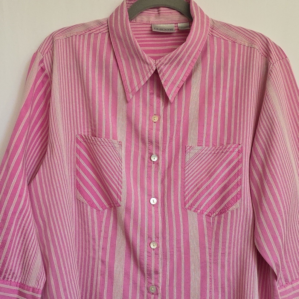 Chico's Pink & White Stripe Silk Blouse.  Size 12 - Picture 2 of 9